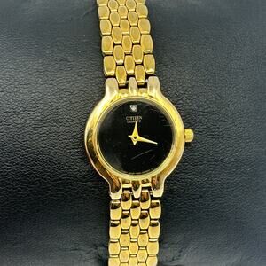 Citizen Gold Tone Stainless Steel Black Dial Women’s Quartz Watch, 22mm Working